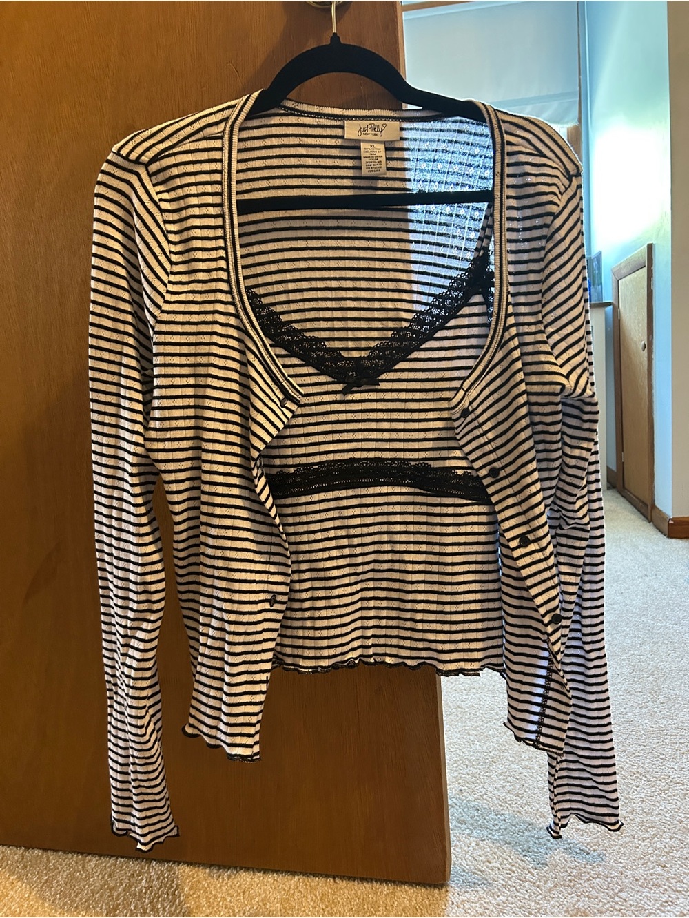 Women's Black & White Striped Lace-Trim Tank and Cardigan Set